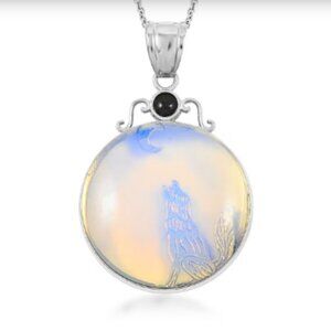 Plain Coyote Moon & Sun Opalite Pendant in Silvertone
